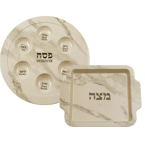 סט פסח מעץ במבוק גוון שיש שמנת